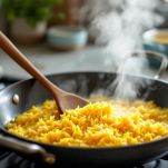 Risotto mantecato con brodo, burro e Parmigiano in casseruola.