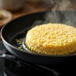 Riso pressato che cuoce in padella formando una crosticina dorata.