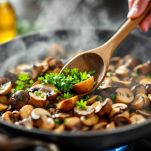 Porcini con aromi e acqua che stufano riducendo il liquido.