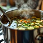 Brodo vegetale caldo pronto per essere aggiunto al riso.