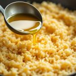 Riso che cuoce con brodo fino a consistenza cremosa.