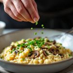 Risotto ai porcini impiattato e guarnito con erba cipollina.