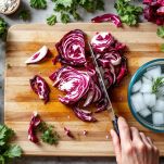 Striscioline di radicchio immerse in acqua fredda.