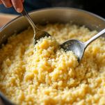Risotto mantecato con Parmigiano fuori dal fuoco.