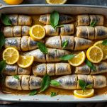 Sarde beccafico adagiate in pirofila con limone e alloro.