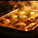 Involtini di sarde dorati dopo la cottura in forno.