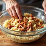 Riso unito alle carni tritate in una ciotola.