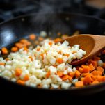 Cipolle e carota tritate rosolate in padella.