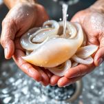 Seppie pulite con tentacoli tagliati in piccoli pezzi.