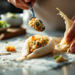 Seppie ripiene chiuse con stecchino per la cottura.