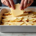 Strato di patate con fontina sopra.