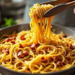 Spaghetti amalgamati con uova, formaggi e guanciale.