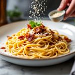 Piatto di spaghetti alla carbonara appena servito.