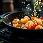 Polpa di scampi e molluschi insaporiti in padella.