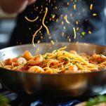 Spaghetti con sugo di scampi e molluschi.