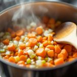 Verdure tritate che soffriggono in pentola a pressione.