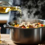 Carne sfumata con vino bianco e brodo aggiunto.