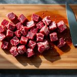 Carne di manzo tagliata in pezzi regolari.