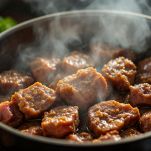 Manzo rosolato in pentola fino a colorazione dorata.