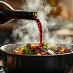 Carne sfumata con vino rosso in pentola.