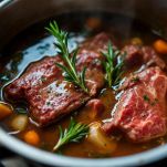Brodo e aromi aggiunti alla carne per la cottura.