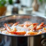 Scampi lessati con guscio per cinque minuti.