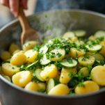 Zucchine mescolate alle patate nel soffritto.