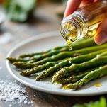 Asparagi scolati e conditi semplicemente.