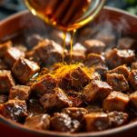 Agnello insaporito con spezie e miele in casseruola.