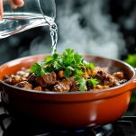 Agnello in casseruola con coriandolo durante la cottura.