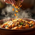 Tajine di agnello con mandorle servito caldo.