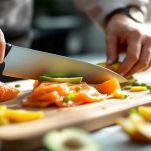 Salmone, mango e avocado affettati per il temaki.
