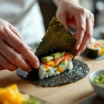 Cono di nori farcito con riso condito e verdure.