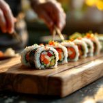 Temaki serviti con salsa di soia e condimenti giapponesi.