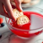 Savoiardi bagnati nel succo di fragola.
