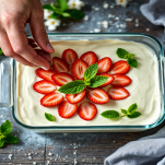 Tiramisù decorato con fragole a fettine.