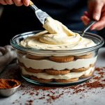 Stratificazione di crema e biscotti nel tiramisù.