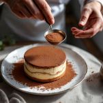 Tiramisù pronto da servire con spolverata di cacao.