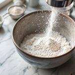 Farina e lievito setacciati in una ciotola capiente.