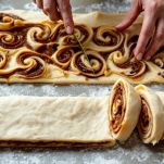 Rotolo farcito tagliato in fette da 5 cm.