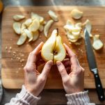 Pere pulite e affettate in una ciotola.