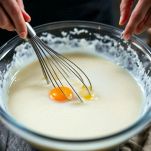 Ingredienti liquidi mescolati con frusta in ciotola.