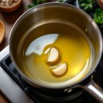 Spicchio d’aglio rosolato in olio extravergine.