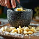 Aglio pestato con sale e pepe nel mortaio.