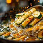Zucchine fritte dorate scolate con paletta bucata.