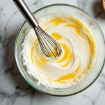 Uova, latte e formaggi mescolati in ciotola con frusta.