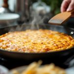 Frittata di vermicelli capovolta in padella con piatto.