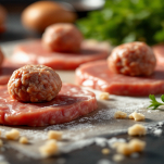 Ripieno disposto su fettine di vitello pronte per essere arrotolate.