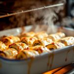 Panini con würstel e formaggio in cottura nel forno.