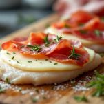 Fette di pollo farcite con prosciutto, formaggio e rosmarino.